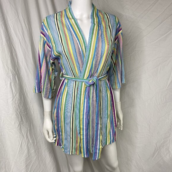 Triacetate Nylon Terry fuzzy textured short Robe striped Cover Up Womens Small - Picture 16 of 16